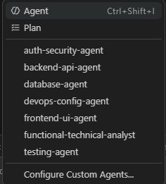 Panel de chat con el selector de modo abierto y los agentes personalizados listados