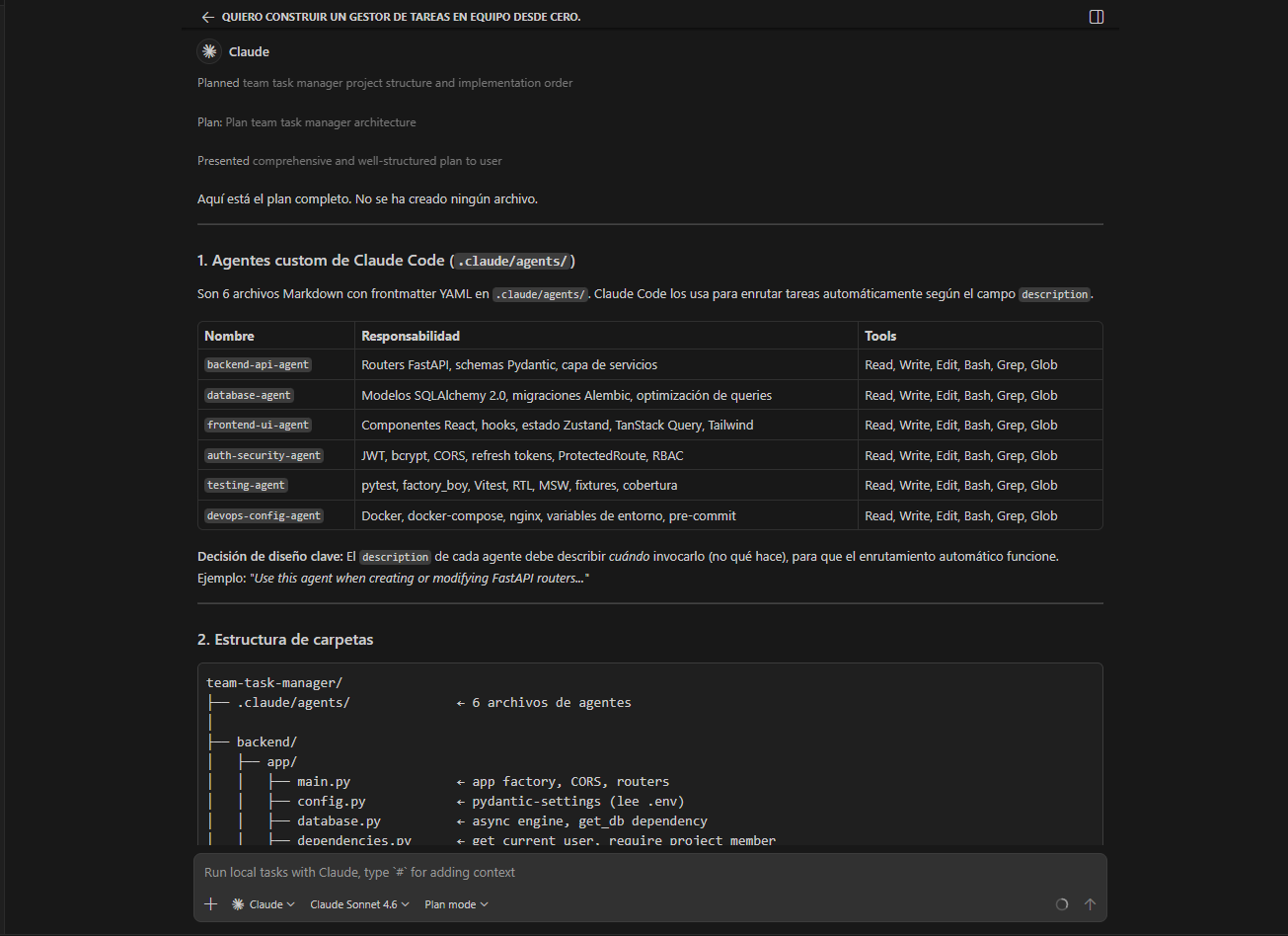 Plan mode — response with proposed agents and implementation phases