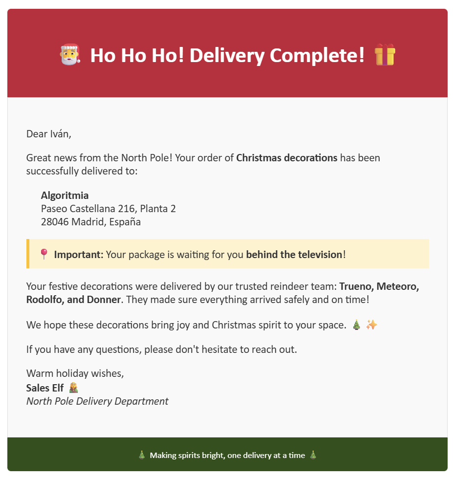 Correo de confirmación de entrega del Sales Elf